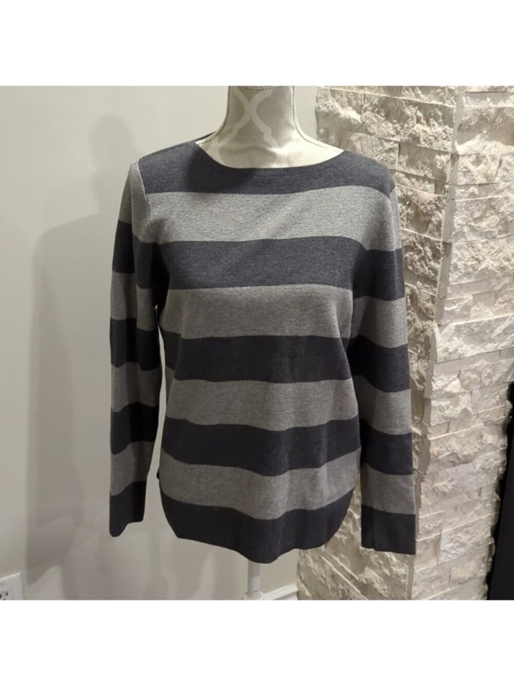 Bleu Gray Women’s Sweater / Size Small / Boat Neck Collar / Grey Striped